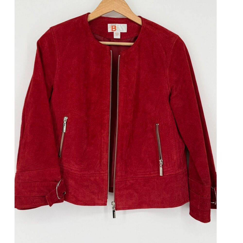 Bernardo Suede Leather Jacket Red Women’s M Zip Pockets D-Ring Cuffs Moto